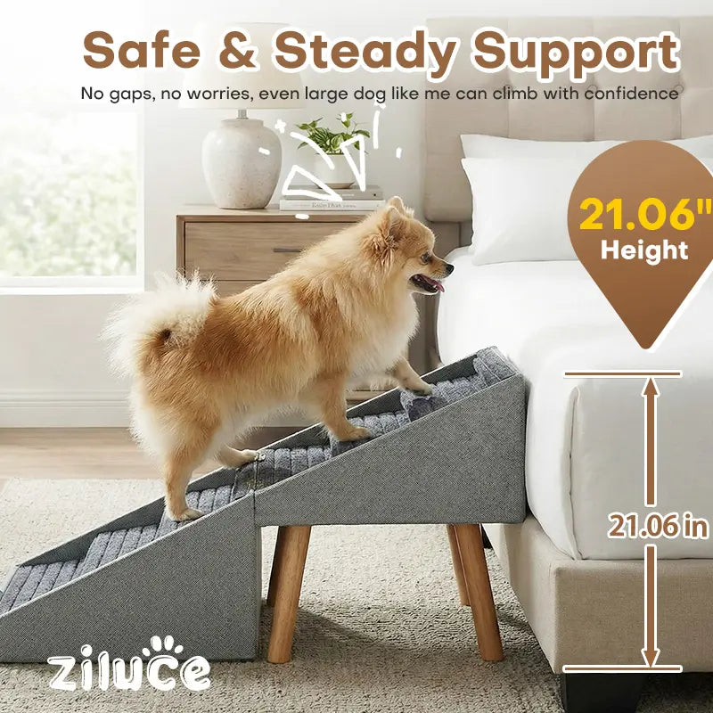 21'' Dog Ramp for Bed | Pet Steps Foldable Wooden Dog Stairs for Dachshunds, Corgis & Long-Back Breeds | Non-Slip Pet Ramp with Ottoman Design