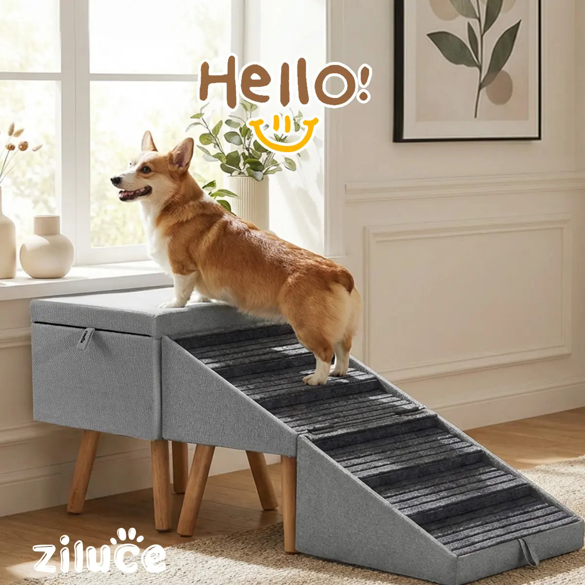 21'' Dog Ramp for Bed | Pet Steps Foldable Wooden Dog Stairs for Dachshunds, Corgis & Long-Back Breeds | Non-Slip Pet Ramp with Ottoman Design