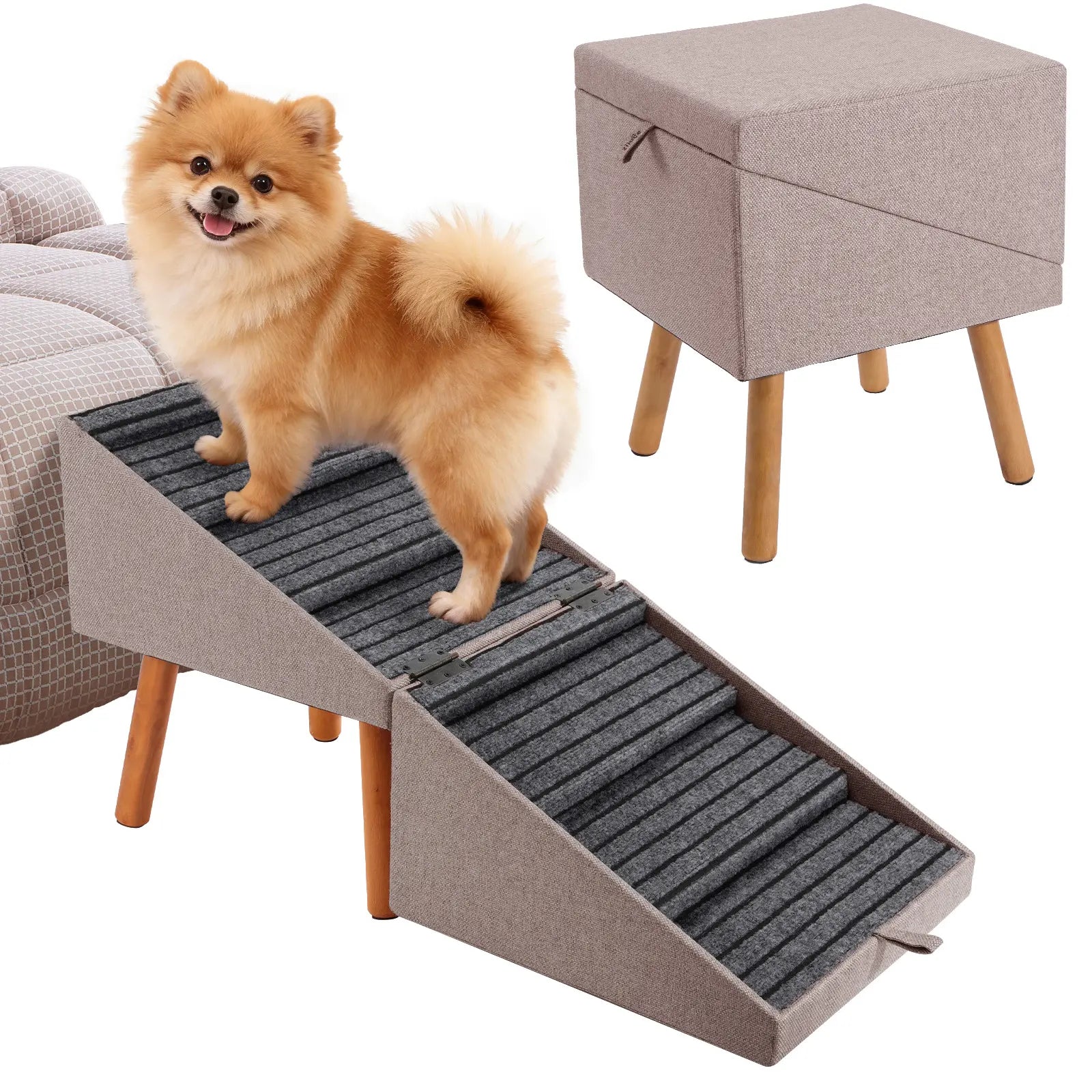 21'' Dog Ramp for Bed | Pet Steps Foldable Wooden Dog Stairs for Dachshunds, Corgis & Long-Back Breeds | Non-Slip Pet Ramp with Ottoman Design