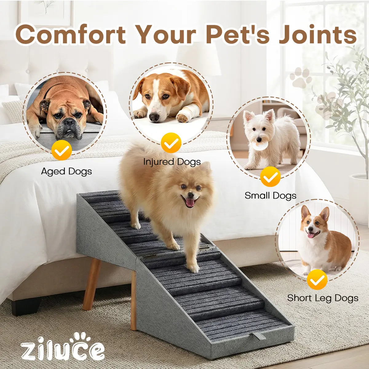 21'' Dog Ramp for Bed | Pet Steps Foldable Wooden Dog Stairs for Dachshunds, Corgis & Long-Back Breeds | Non-Slip Pet Ramp with Ottoman Design
