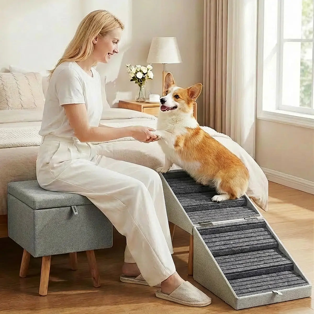 21'' Dog Ramp for Bed | Pet Steps Foldable Wooden Dog Stairs for Dachshunds, Corgis & Long-Back Breeds | Non-Slip Pet Ramp with Ottoman Design