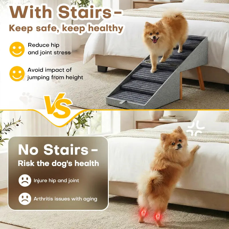 21'' Dog Ramp for Bed | Pet Steps Foldable Wooden Dog Stairs for Dachshunds, Corgis & Long-Back Breeds | Non-Slip Pet Ramp with Ottoman Design